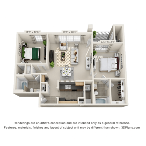 Floor plan for 2 beds, 2 baths, 1089 sqft